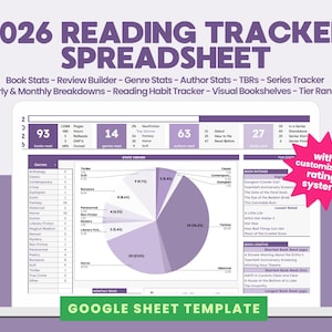 Op de afbeelding: Een digitale spreadsheet sjabloon voor 2026 lees tracking, weergegeven op een laptopscherm. De spreadsheet bevat functies zoals boekstatistieken, genre statistieken en een aanpasbaar beoordelingssysteem. Het ontwerp is in tinten paars en wit.