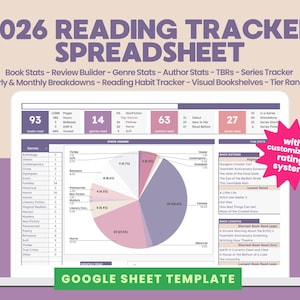 Peut inclure: Un écran d'ordinateur portable affiche un tableur 2026 Reading Tracker. La feuille de calcul comprend des statistiques de livres, des statistiques de genre et un système d'évaluation personnalisable. L'écran affiche un diagramme circulaire et des tableaux de données. Le texte "GOOGLE SHEET TEMPLATE" est visible.