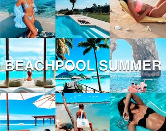 May include: A collage of nine summer scenes featuring beaches, swimming pools, and tropical landscapes with the text BEACHPOOL SUMMER overlaid in white. The images display various swimwear, coastal scenery, palm trees, and clear blue water.