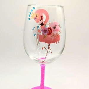 Personalized Flamingo Wine Glass: Rhinestone Tiara, Glitter Stem