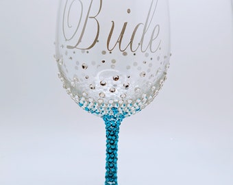 Rhinestone Bride Wine Glass: Turquoise Bling Birthday Gift