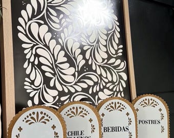Mexican Fiesta Table Signs |Papel Picado Style Food & Drink Labels | Salsa, Postres, Bebidas | Fiesta Decoration | cielito lindo| wedding,
