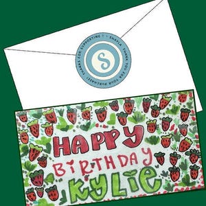 Cartão personalizado com tema de fruta brilhante | Cartão personalizado “Feliz aniversário” | Cartão de aniversário de morango