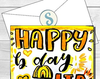 Personalized Yellow Birthday Card with Envelope, Handmade Custom Name Card for Her, Pastel Sunshine Birthday Greeting Card