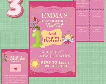 Fairy First Birthday Invitation Bundle, Sunshine Time Capsule Notes (Digital Download)