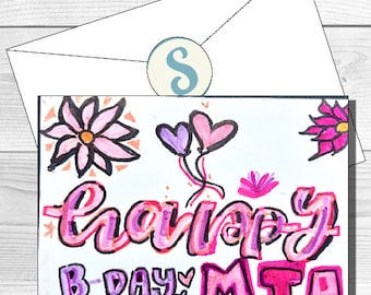 Personalized Floral Birthday Card for Her, Handmade Pink Flower Custom Name Card, Physical Greeting Card