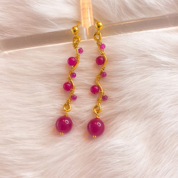 Ruby earrings, royal ruby, wire wrapped ruby earrings, ruby ear thread