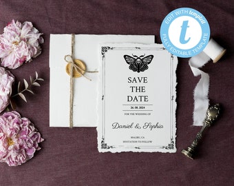 Deathmoth Gothic Wedding Save the Date Card, Death's Head Hawk Moth, Editable With Templett, Vampire Dark Romance Theme, DIY Invite Suite