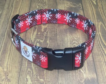 Winter Plaid Dog Collar, Red & Black with Metallic Snowflakes