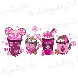 Puede incluir: Tres bebidas calientes de invierno de color rosa y morado con diseños de copos de nieve y bastones de caramelo. Las bebidas están en tazas y un vaso para llevar.
