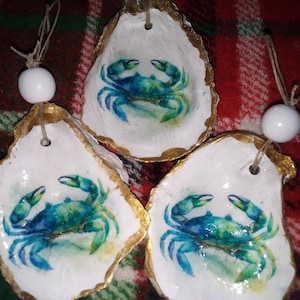 May include: Three white oyster shell ornaments with a blue and green crab design. Each shell has a gold painted edge and a white bead attached with twine for hanging. Coastal decor.