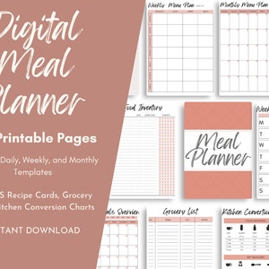 Printable Meal Planner, Daily, Weekly, Monthly Food Diary, Meal Tracker, Food Journal, Menu Planner & Prep, BONUS Grocery List Digital