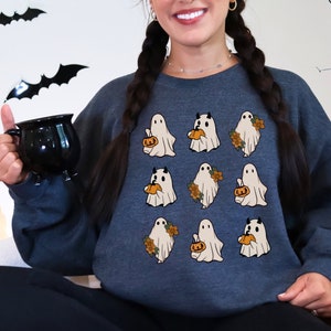 Trendy Ghost Crewneck Sweater Halloween Spooky Vibes All Hallows Eve Halloween Party Fall Season Pumpkin Patch Sweatshirt Cute Ghost Grid