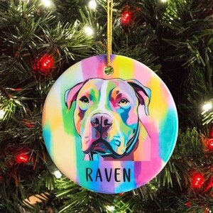 May include: A round Christmas ornament featuring a colorful portrait of a dog with the name "Raven" printed in white. The ornament has a gold string for hanging and is set against a backdrop of a Christmas tree with lights.