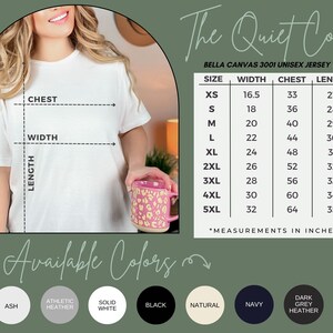 May include: A white Bella Canvas 3001 unisex jersey tee shirt. The image includes a size chart with measurements in inches for chest, width, and length. Available colors are ash, athletic heather, solid white, black, natural, navy, and dark grey heather.