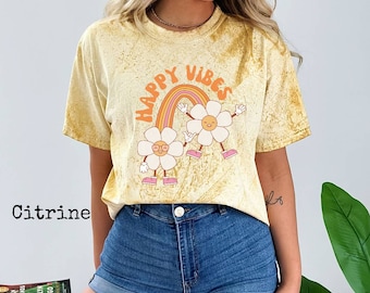 Happy Vibes Retro Rainbow Flower Tshirt Groovy 70s Style Shirt Good Vibes T-Shirt Peace Take It Easy Shirt Gift for Mothers Day Tie Dye Tee