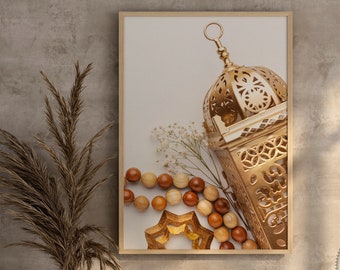Lámina decorativa islámica con diseño de farol Fanos dorado, póster de viaje a Marruecos (descarga digital).
