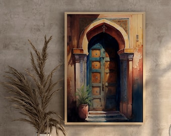 Può includere: Un dipinto ad acquerello di un portale con una porta in legno intagliato. La porta è dipinta in tonalità di blu e verde, e il portale è incorniciato da un arco in pietra. Il dipinto è su uno sfondo di muro testurizzato.