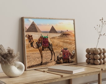 Boho Egypt Print | Camel & Pyramids Desert Wall Art (Digital Download)