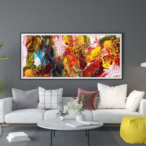Grande stampa d&#39;arte astratta in giallo e multicolor geometrico e colorato per l&#39;arredamento moderno della parete del soggiorno