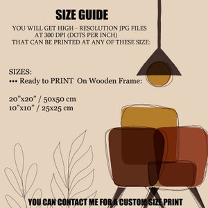 Pu&ograve; includere: Guida alle dimensioni per stampe d'arte stampabili. La guida mostra due dimensioni: 20 pollici per 20 pollici (50 cm per 50 cm) e 10 pollici per 10 pollici (25 cm per 25 cm). Il testo indica anche che le stampe sono file JPG ad alta risoluzione a 300 DPI.