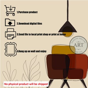 Pu&ograve; includere: Un'illustrazione di stampa d'arte digitale di una sedia con una lampada appesa sopra. La sedia &egrave; composta da forme marroni, arancioni e rosse. Lo sfondo &egrave; beige con una pianta verde nell'angolo. Il testo "SAISONS DREAMS ART FOR YOU" &egrave; in un cerchio con un design a stella. Il testo "Nessun prodotto fisico verr&agrave; spedito" &egrave; nella parte inferiore dell'immagine. L'immagine include anche un elenco di passaggi per l'acquisto e la stampa della stampa d'arte digitale.