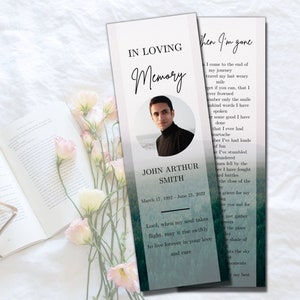 Forest Funeral Bookmark Template Canva Memorial Bookmark for men Printable Funeral Keepsake In Loving Memory Celebration of Life Favors
