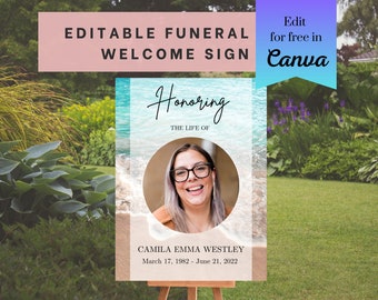 Beach Funeral Welcome Sign Template | Funeral Reception Sign | Celebration of Life Poster | Obituary Poster |  Ocean Memorial Sign