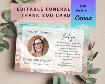 Beach Funeral Thank You Card Template | Thank You Notes | Waves Funeral Templates | Ocean Memorial Templates | Celebration of Life Templates
