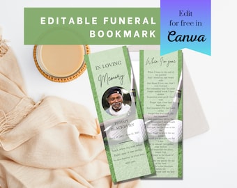 Golf Funeral Bookmark Template Canva Memorial Bookmark Printable Funeral Keepsake In Loving Memory Celebration of Life Funeral Favor