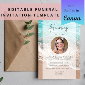 May include: A funeral invitation template with a beach background. The template is editable in Canva and features a photo of a woman, the text "Honoring the Life of", and the name "Camila Emma Westley". The invitation includes the dates "March 17, 1982 - June 21, 2022", the funeral home name, address, date, and time of the service, and a phone number for RSVP.