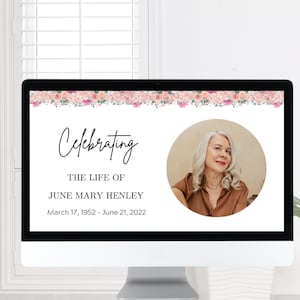 Pink Flowers Funeral Photo Slideshow Template for women Editable Memorial Video Celebration of Life Presentation Canva Funeral Photo tribute