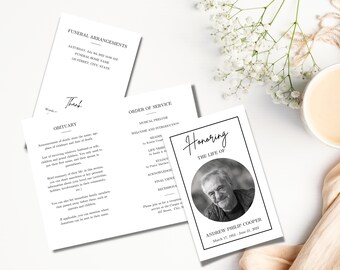 Plantilla de programa de funeral / Plantilla de programa de servicio conmemorativo / Plantillas de funerales para mujeres / Celebración de la vida / Funeral minimalista