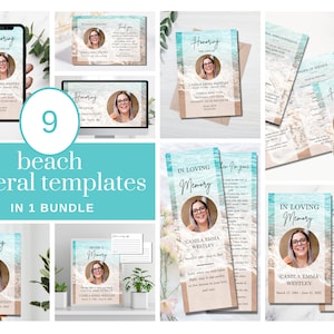 Könnte beinhalten: Ein Set mit 9 Strand-Beerdigungsschablonen in einem Bundle. Die Vorlagen zeigen einen blauen und weißen Ozean-Hintergrund mit einem Foto einer Frau in einem Kreis. Der Text "Honoring the Life of" und "In Loving Memory" ist in den Vorlagen enthalten.