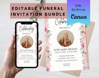 Roses Funeral Invitation Template: Memorial Service Evite (Canva)