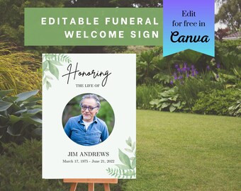 Funeral Welcome Sign Template | Funeral Reception Sign | Celebration of Life Poster | Greenery Obituary Poster | Nature Memorial Sign