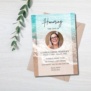 May include: A beach-themed memorial card with a photo of a woman in a circle. The text reads "Honoring the Life of Camila Emma Westley, March 17, 1982 - June 21, 2022. Funeral Home Name, 132 Street, City, State. Saturday, July 9th 2022 10:00 AM. Kindly RSVP 555-555-5555."