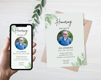 Greenery Funeral Invitation Template: Memorial Announcement Evite (Digital Download)