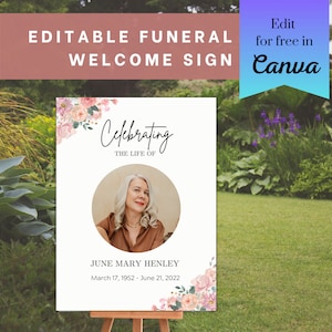 Funeral Welcome Sign Template | Funeral Reception Sign | Celebration of Life Poster | Obituary Poster | Pink Roses Memorial Sign