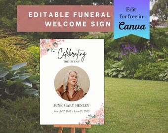 Funeral Welcome Sign Template | Funeral Reception Sign | Celebration of Life Poster | Obituary Poster | Pink Roses Memorial Sign
