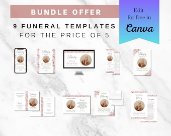 Pink Roses Funeral Bundle | Celebration of Life Package | Memorial Service Set | In Loving Memory Bundle | Funeral templates for woman