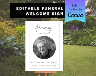 Op de afbeelding: Een zwart-wit welkomstschild voor een begrafenis met een foto van een man en de tekst "Honoring The Life Of Andrew Philip Cooper March 17, 1952 - June 21, 2022".