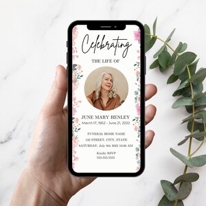Funeral Invitation | Funeral Evite | Memorial Invitation | Funeral Announcement | Smartphone Funeral Invite | Pink Floral Funeral Invitation