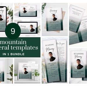 Mountain Funeral Bundle | Feier des Lebens Paket | Wald Gedenkgottesdienst Set | In liebevoller Erinnerung Bundle | Bestattungsschablonen-Bundle