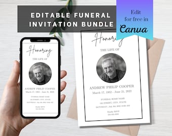 Minimalist Funeral Invitation Template Bundle: Memorial Service Announcement (Canva)