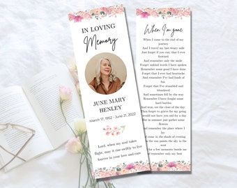 Funeral Bookmark Template | Memorial Keepsake | Funeral Templates for woman | Memorial Service Card for Remembrance | Pink Floral Bookmark