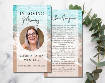 Beach Funeral Prayer Card Template | Memorial Prayer Card Template | Celebration of Life Prayer Card | Waves Prayer Card Canva Template
