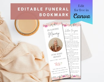 Pink Roses Funeral Bookmark Template Canva Memorial Bookmark Printable Floral Funeral Keepsake In Loving Memory Celebration of Life Favor