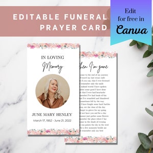 Funeral Prayer Card Template | Memorial Prayer Card Template | Celebration of Life Prayer Card | Pink Roses Funeral Prayer Card Template