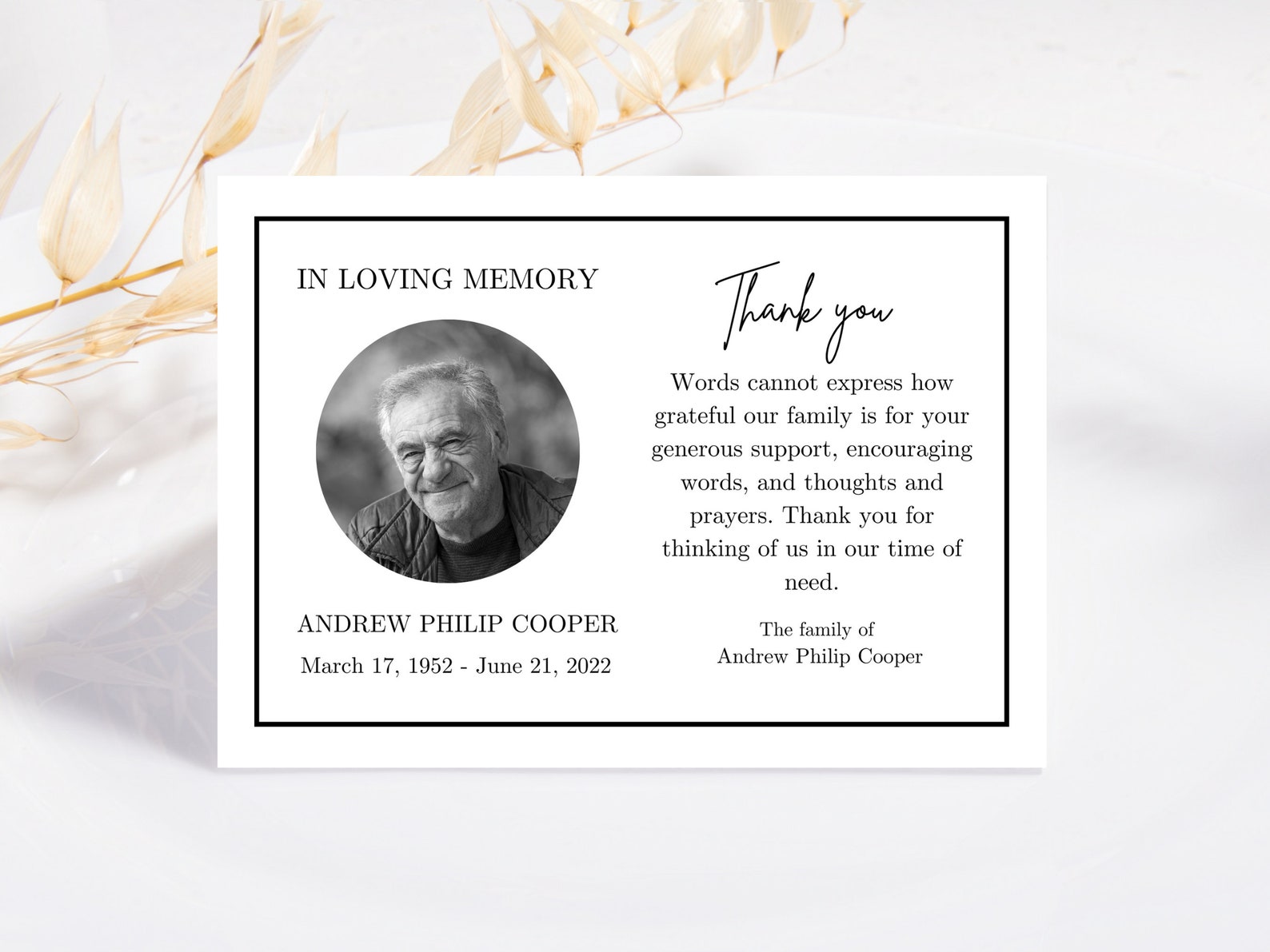 Funeral Thank You Card Template | Thank You Notes | Minimalist Funeral ...